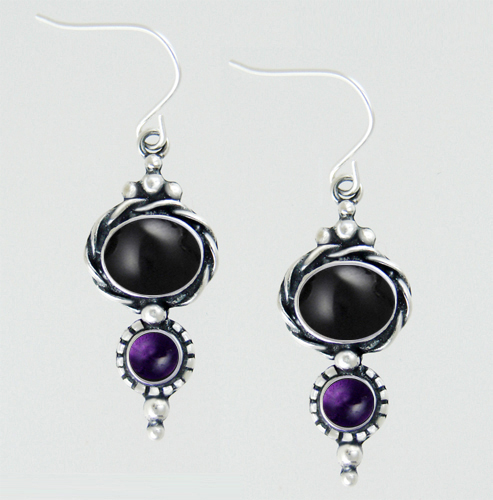 Sterling Silver Black Onyx And Amethyst Gemstone Drop Dangle Earrings